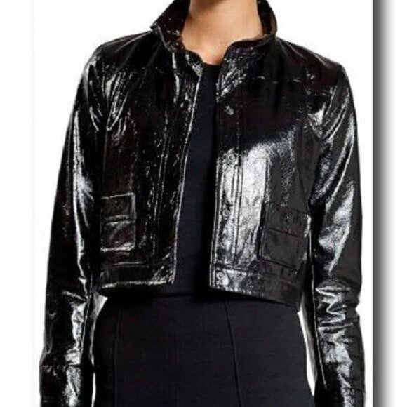 Lisa Perry Black Crinkle Patent Leather Snazzy Jacket women's Sz 10 SUPERB